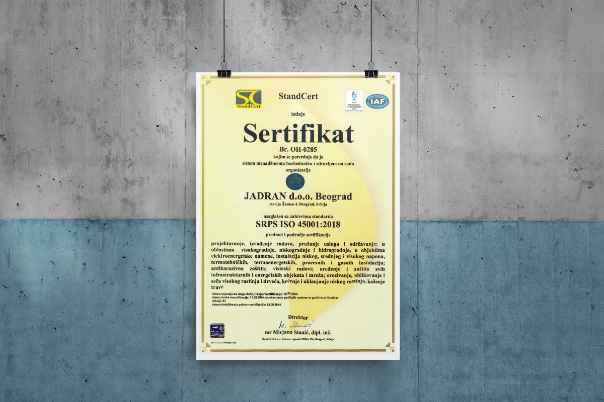 Sertifikat 45001 - Jadran doo Beograd
