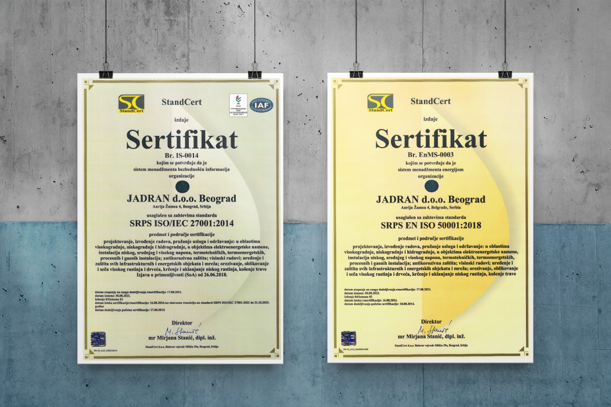 Sertifikati 27001 i 50001 - Jadran doo Beograd