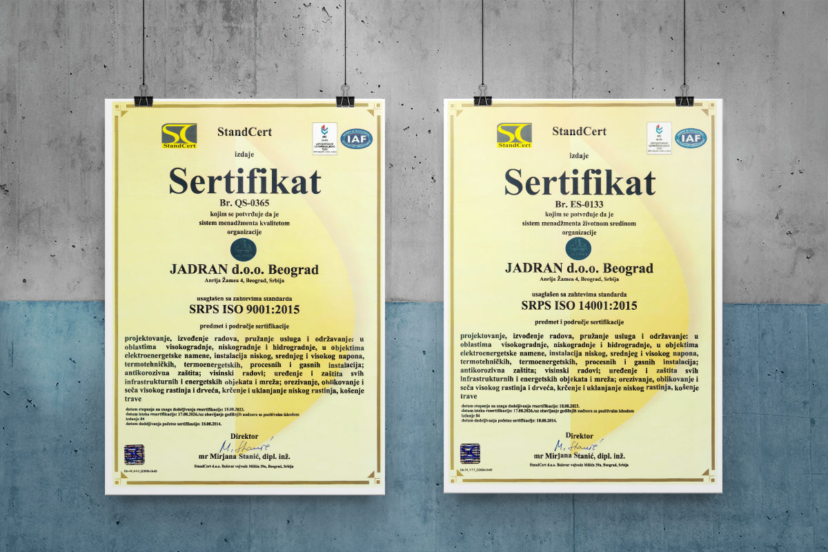 Sertifikati 9001 i 14001 - Jadran doo Beograd